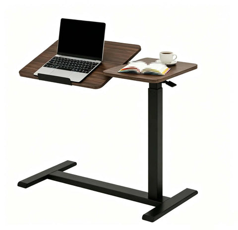 Solid Mobile Standing Desk With Pneumatic Lift And Tilt Top, Smooth Swivel Casters, Heavy Duty Steel Frame Walnut Laptop Workstation at an angle with a laptop and book.