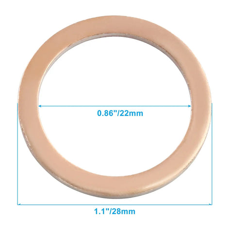 Top Shelf Copper Flat Washers 22 X 28 X 1.5mm Crimp Seal Discs for Drain Plugs and Hose Fittings, shown in size with measurements.