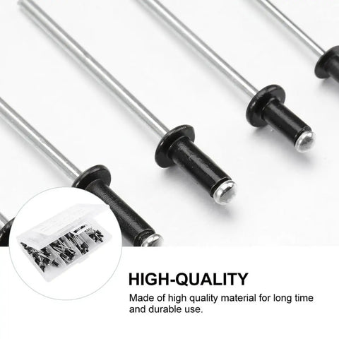 Close-up of black aluminum blind rivets from Blind Rivets Assortment Kit 120 Pcs Aluminum Alloy M2.4 M3.2 M4 With Standard Head Size.