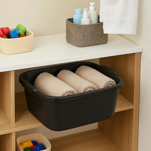 18 Quart Plastic Dishpan Built Tough For Home Kitchens And Laundry Cleanups, Black Multi Purpose Wash Basin Tub with rolled towels
