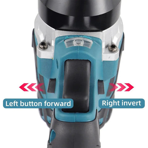 Heavy Duty Beef Twenty Six Volt Cordless Electric Riveter Gun And Rivet Nut Kit switch controls view showing left forward and right invert buttons.