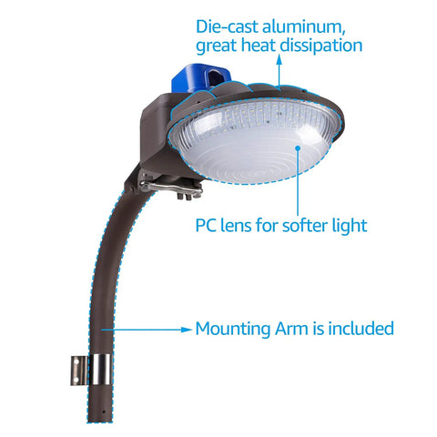 75W LED Barn Light Dusk To Dawn Outdoor Flood Light With Photocell, Mounting Arm Included, showing die-cast aluminum design