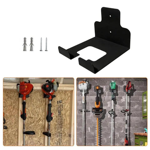 Sturdy Iron Tool Organizer With Anti Scratch Cradle for weed eater and leaf blower. Wall-mounted in garage to hold handheld tools.