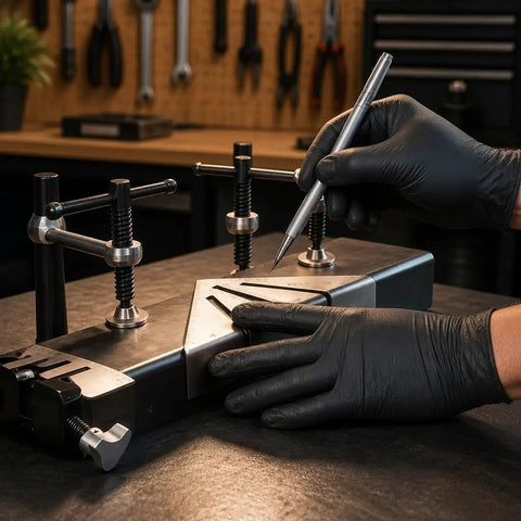 Heavy-Duty Welding Angle Square Stainless Steel Multi-Angle Layout Tool 8 Inch in use, precision marking on metal surface