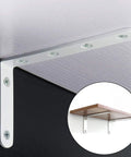 Super Sturdy Stainless Steel Shelf Brackets Rust Resistant Corner Support Panels Wall Mount Bookshelf Hardware holding a wood shelf.