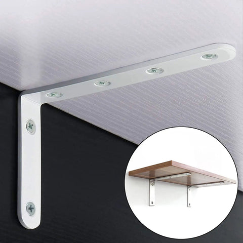 Super Sturdy Stainless Steel Shelf Brackets Rust Resistant Corner Support Panels Wall Mount Bookshelf Hardware holding a wood shelf.