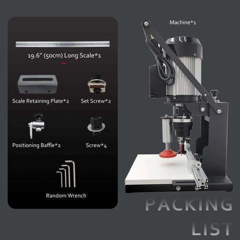 WYDDDARY portable electric hinge drilling machine on a stand; black and silver with kit components shown.