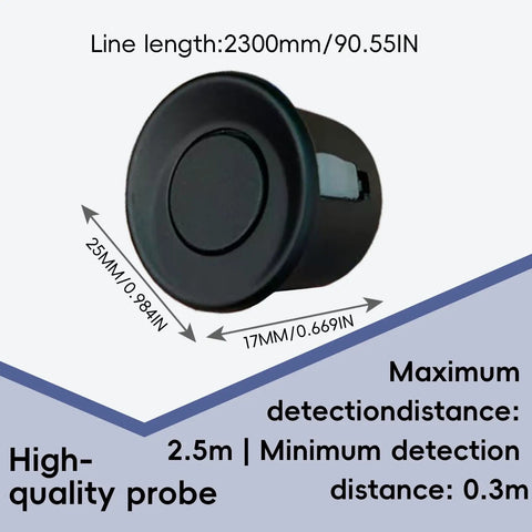 Parking Sensor Kit For Cars With Customizable Probes In 18 Color Options And Adjustable Alarm Volume Backup Sensor And Reverse Sensor Three Sound Modes Including Soft Beep Or Off Easy Install Safe Driving Assistant shown is a high-quality probe with dimensions and detection distance