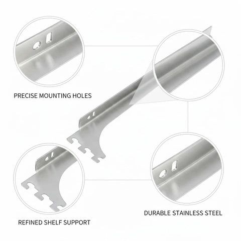 Beefy Stainless Steel Wall Shelf Support Bracket with detailed view of precise mounting holes and refined shelf support.