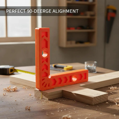 3 Inch Square Positioning Jig Boasts Dead Nuts Accurate 90 Degree Alignment For Cabinet Buildouts Woodworking Corner Clamps Diy No Fuss Assembly Projects Orange Tool on wooden surface with boards.
