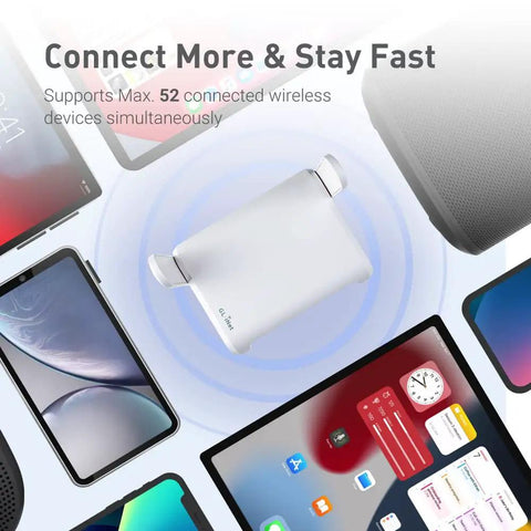 Opal Portable WiFi Travel Router With OpenWrt AC1200 Dual Band VPN Ready Mini Wireless Repeater For Fiber Modems visible surrounded by connected devices.