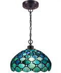Sea Blue Pearl Tiffany Style Stained Glass Pendant Light With Swag Chain Ceiling Fixture 12 Inch By 12 Inch By 34 Inch