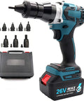 Heavy Duty Cordless Rivet Gun With Bright LED Panel And Dual Speed Modes Makes M3 To M12 Blind Nut Pulling A No Sweat Job On Steel Iron Or Aluminum Projects in a tool kit with multiple bit attachments.