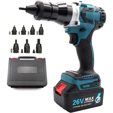 Heavy Hitter Cordless Rivet Nut Gun Engineered With Dual Speed Gearbox And Smart Memory 26V Lithium Battery Electric Blind Riveter Wrench displayed with multiple attachments and case.
