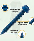 Close-up of Heavy Duty Concrete Screws Set Lionmax 150 Piece One Quarter Inch By One And Three Quarter Inch Hex Head Masonry Screws