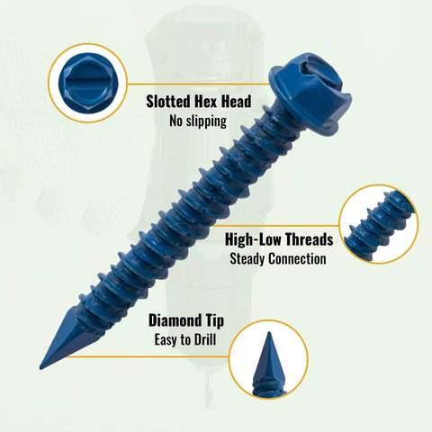 Close-up of Heavy Duty Concrete Screws Set Lionmax 150 Piece One Quarter Inch By One And Three Quarter Inch Hex Head Masonry Screws