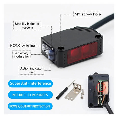 Through-Beam Photoelectric Proximity Sensor Switch With Diffuse Reflection Detection E3Z D82 PNP Economical Dope Value Budget-Friendly Range Options 10cm 80cm 2m 5m For Industrial Automation And Quick Reliable Sensing, black sensor with indicators