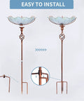 Blue Glass Bird Bath And Feeder With Metal Stake For Yard And Garden 31 Inch Outdoor Height Four Pronged Stable Base Easy Setup