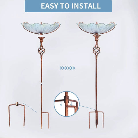 Blue Glass Bird Bath And Feeder With Metal Stake For Yard And Garden 31 Inch Outdoor Height Four Pronged Stable Base Easy Setup
