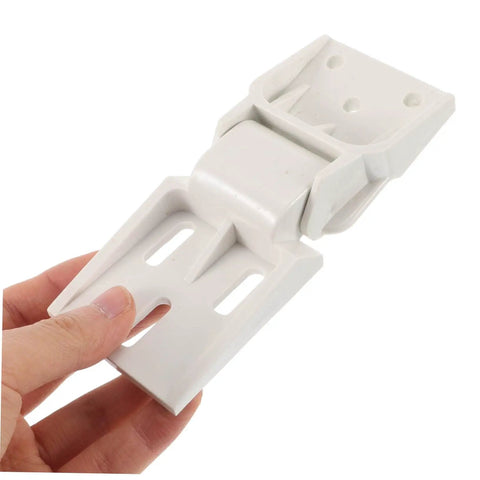 Universal Chest Freezer Hinge Set For RV Refrigerator Doors Center Support Replacement held in hand, white plastic material.