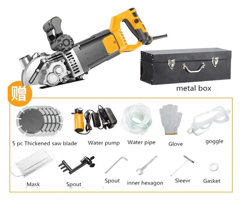 Heavy Duty 4800W Electric Wall Grooving Machine Pro Wall Chaser And Slot Cutter with accessories in metal box.