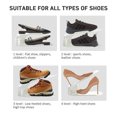 Shoe Slot Organizer 20 Pack For Closet Space Saving Stackers With 4 Level Adjustable Double Layer Holders White; shown holding various shoe types in four levels.