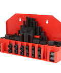 58 Piece T Slot Clamping Kit With Welding Table Clamps And Hardened Drill Press Squares organized in red storage box