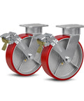 No Sweat 8X2 Inch Kingpinless Swivel Casters Designed For An Industrial Rig With Heavy Duty Dual Wheel Brakes Premium Polyurethane Treads And 2000 Lbs Load Rating, showing two red casters with dual brakes.