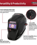 Premium Auto Darkening Welding Helmet With True Color Lens For Crushing Beads And Boss Level Comfort Designed For Tradesmen Grinding Steel Daily At The Yard, showcasing its features and 7.0 in² viewing area.