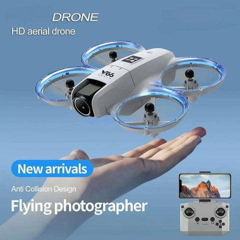 Palm Sized FPV Drone With Dual Cameras For Beginners, Easy One Key Takeoff on open hand with remote control illustration.