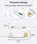 Flat Cat6 Ethernet Cable 3Ft 6 Pack White High Speed Solid Bare Copper Gigabit LAN Patch Cords With Snagless RJ45 Connectors For Modem Router Computer, showing flat design and dimensions