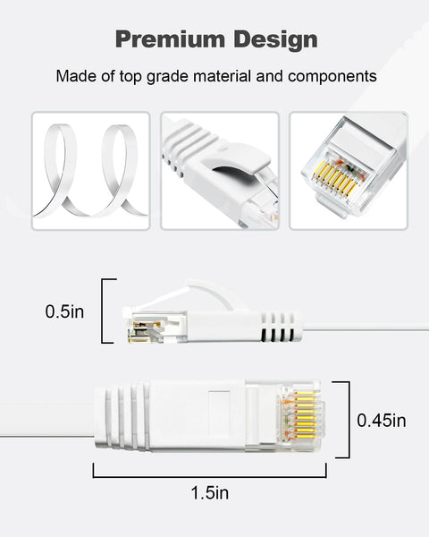Flat Cat6 Ethernet Cable 3Ft 6 Pack White High Speed Solid Bare Copper Gigabit LAN Patch Cords With Snagless RJ45 Connectors For Modem Router Computer, showing flat design and dimensions