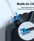 Plug And Play Battery Powered Siphon Pump For Gasoline Diesel And Water Transfer No Sweat Utility Fluid Pump showing built-in clip for hose connection.