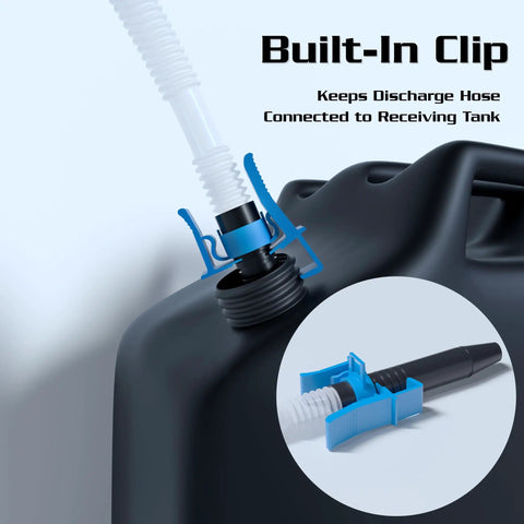 Plug And Play Battery Powered Siphon Pump For Gasoline Diesel And Water Transfer No Sweat Utility Fluid Pump showing built-in clip for hose connection.