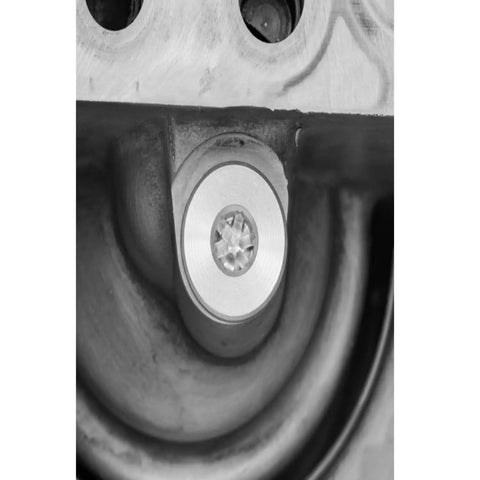 Close-up of Billet Aluminum LS Oil Pressure Relief Valve Plug Machined For Knockout Engine Blocks And LS Swap Builds.