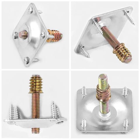 Rock Solid Silver Furniture Leg Mounting Plates Kit Includes 50mm Hanger Bolts M8 Insert Nuts And Screws For Sofa Couch Upgrade. Steel brackets with screws.