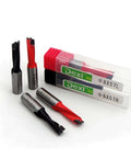 Center drill bits by Dexi; 8x57 mm, red and black coated tips, metal shanks in plastic case.