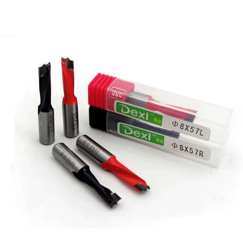 Center drill bits by Dexi; 8x57 mm, red and black coated tips, metal shanks in plastic case.