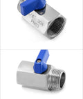 Close-up of 2 Pack Mini Ball Valves Three Quarter Inch Female And Male Stainless Steel 304 Shut Off Valves with blue handles