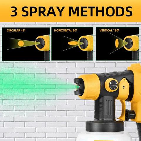 Cordless HVLP Paint Sprayer Compatible With Twenty Volt Batteries Brushless Motor Copper Nozzle showcasing 3 spray methods on a wall.