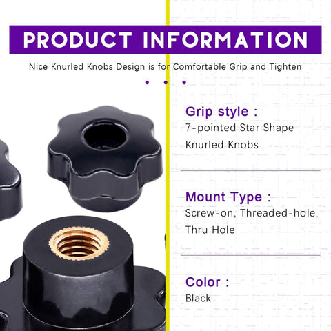Close-up of 7-pointed star shape black knobs from 32Pcs Seven Star Through Hole Knob Set With M4 M6 M8 M10 Female Thread Clamping Knobs Grip Assortment Kit Black Plastic Screw On Hand Knobs For Mechanical Equipment.