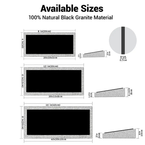 Diagram of available sizes for Weatherproof Custom Memorial Plaques In Black Granite With Marble Base For Gardens And Cemeteries.