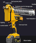Electric Grease Gun With Lithium Battery Power for Industrial Machinery, labeled parts including dual purpose piston and LED lighting.