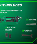 18V MultiVolt Cordless Drywall Cutout Tool With Brushless Motor, bits, collets, wrench shown on green background