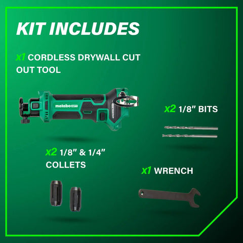 18V MultiVolt Cordless Drywall Cutout Tool With Brushless Motor, bits, collets, wrench shown on green background