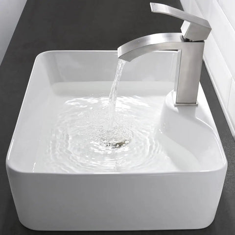 White Rectangle Ceramic Vessel Sink Combo With Stainless Steel Faucet And Chrome Pop Up Drain For Modern Vanity
