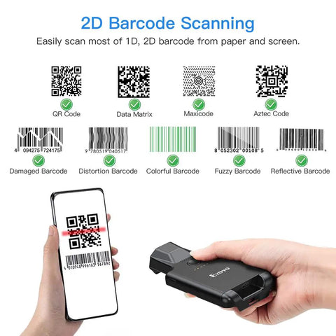 Demonstration of Upgraded Bluetooth Barcode Scanner With Back Clip For iPhone And Android reading various barcodes