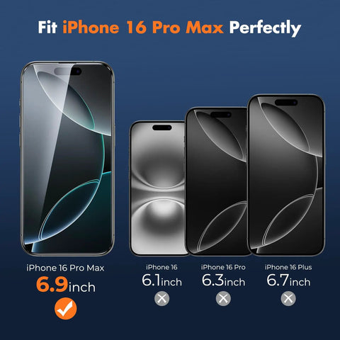 iPhone 16 Pro Max Screen Protector Kit 3 Pack Full Coverage Tempered Glass 9H Hardness Bubble Free Easy Install Frame