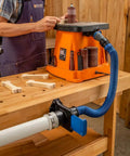 Ready-Mount Blast Gate for 2.5 Inch Dust Collection connected to woodworking machine, shows woodworking vacuum accessory setup