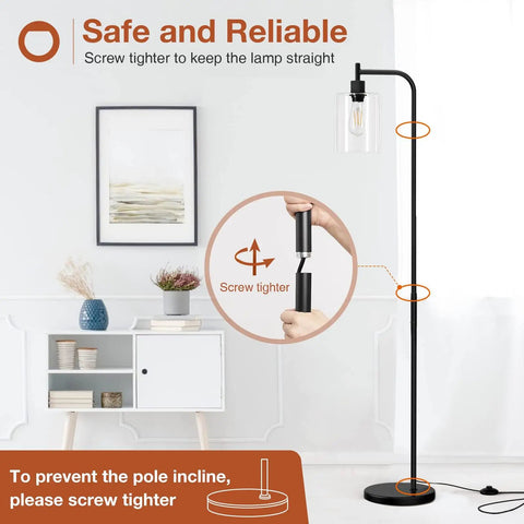 Bright Floor Lamp For Living Room With Glass Shade And LED Bulbs Industrial Tall Pole Standing Lamp For Bedroom Or Office Black Finish